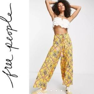 Free People Wide Leg Yellow Floral Pant w/ Tie - size S